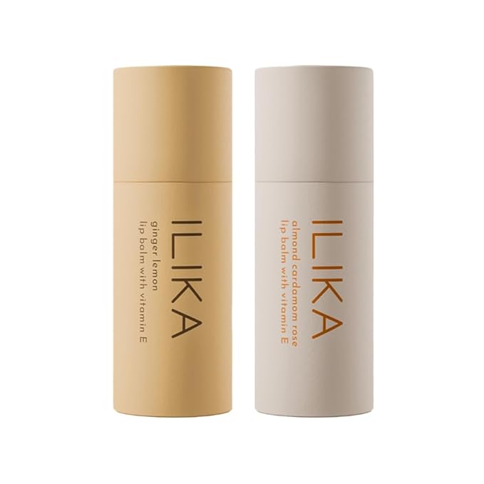 ILIKA 100% Natural Lip Balm - 2X Volume, Organic, Plastic-free, Vegan & Cruelty-Free, COSMOS Certified, PETA Certified, Plant-Based, 2 Pack, Ginger Lemon & Almond Cardamom Rose - 0.3 oz each