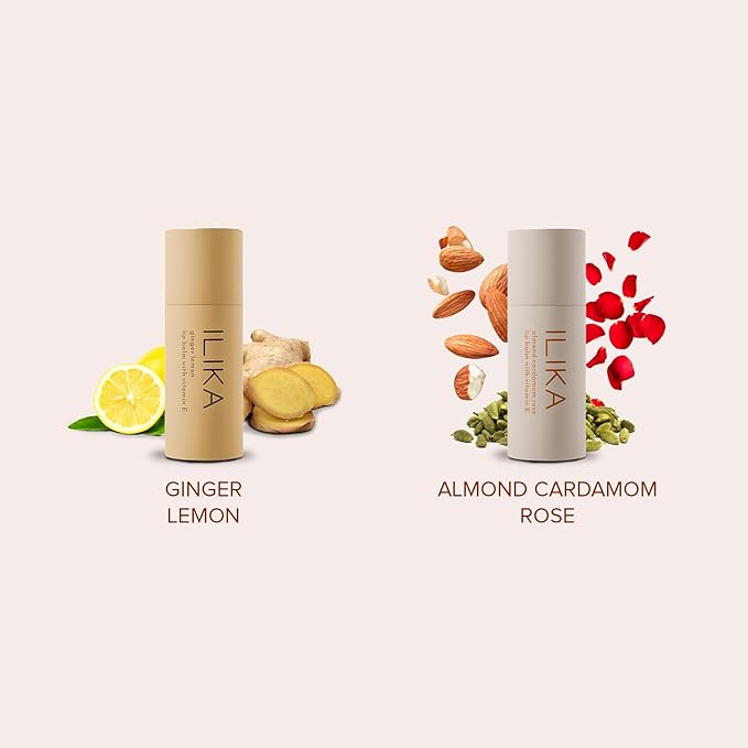 ILIKA 100% Natural Lip Balm - 2X Volume, Organic, Plastic-free, Vegan & Cruelty-Free, COSMOS Certified, PETA Certified, Plant-Based, 2 Pack, Ginger Lemon & Almond Cardamom Rose - 0.3 oz each