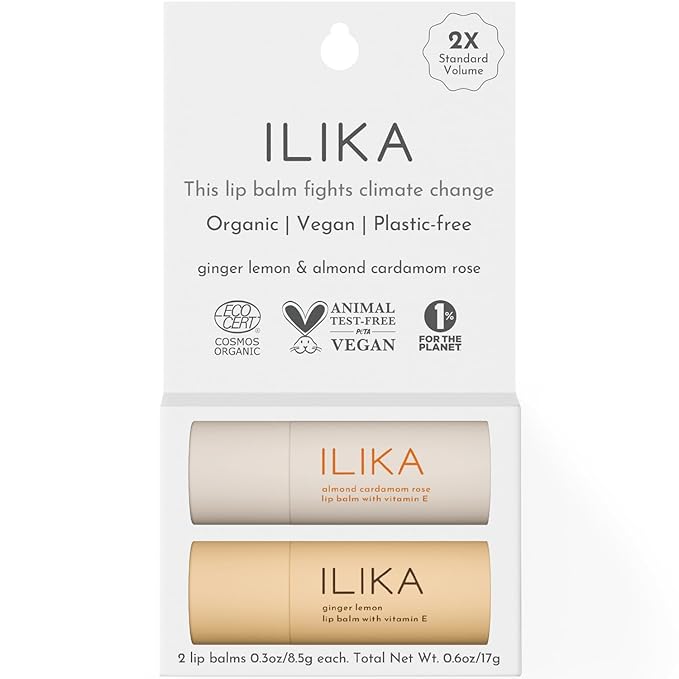 ILIKA 100% Natural Lip Balm - 2X Volume, Organic, Plastic-free, Vegan & Cruelty-Free, COSMOS Certified, PETA Certified, Plant-Based, 2 Pack, Ginger Lemon & Almond Cardamom Rose - 0.3 oz each