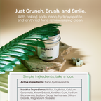 Kaylaan dental product with baking soda, nano-hydroxyapatite, and erythritol on a natural stone surface with green leaves.