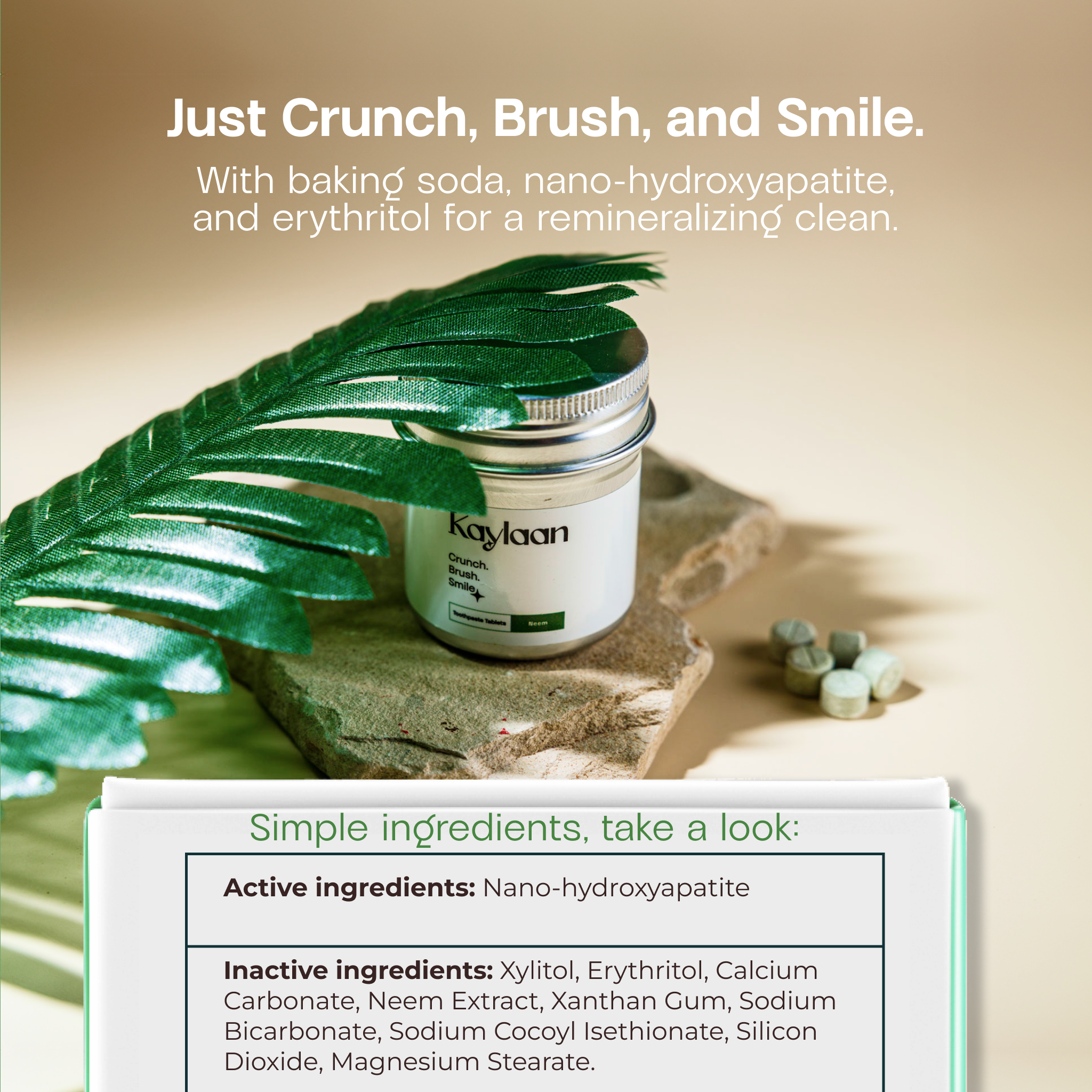 Kaylaan dental product with baking soda, nano-hydroxyapatite, and erythritol on a natural stone surface with green leaves.