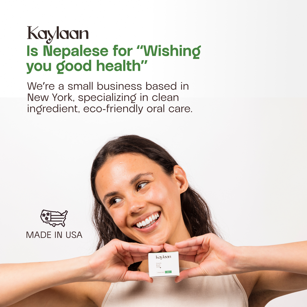 Woman holding a box with 'Kaylaan' branding, text about brand meaning and location.