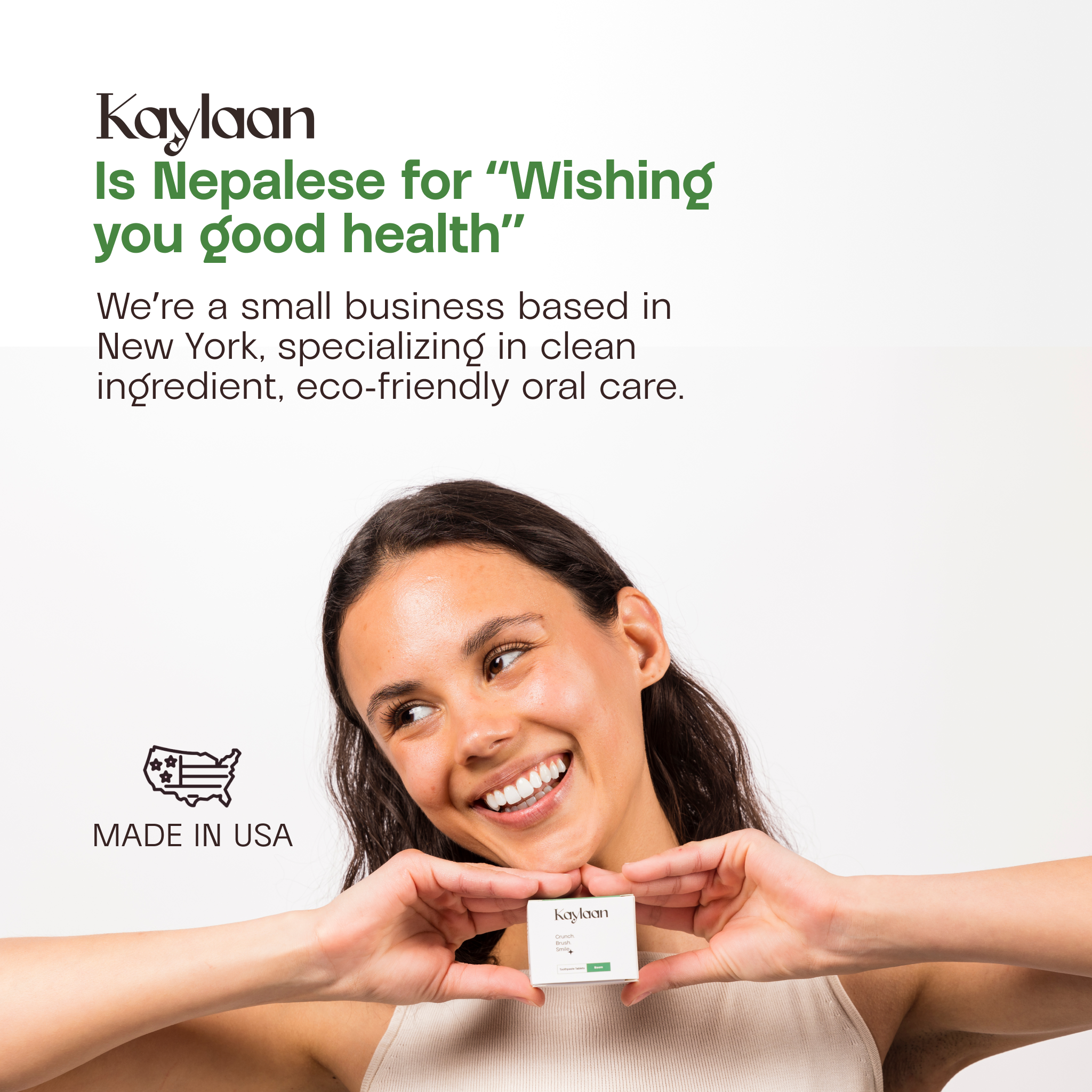 Woman holding a box with 'Kaylaan' branding, text about brand meaning and location.