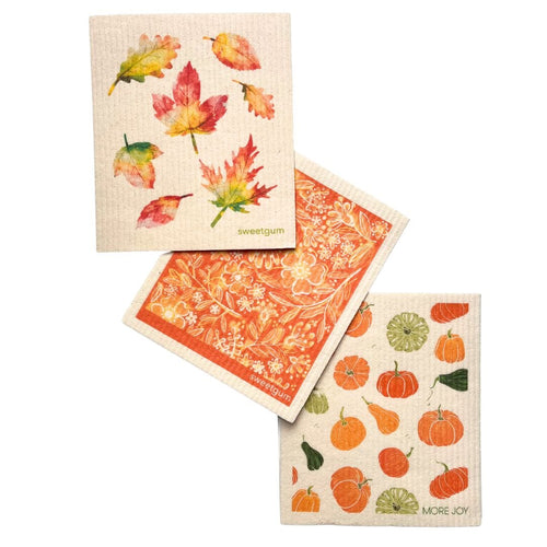 Bundle of 3 Swedish Dishcloths | Autumn Leaves, Orange Flowers, Pumpkins & Gourds