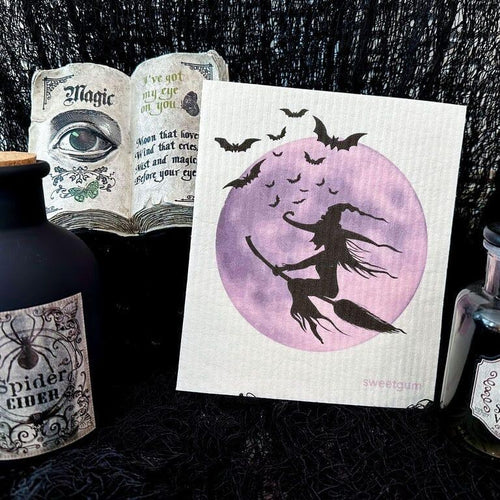 Halloween Witch and Moon Swedish Dishcloth |  Purple & Black